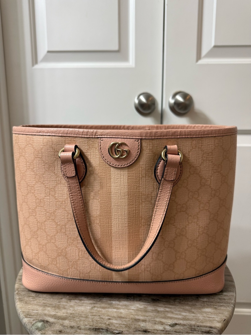Gucci Peach Pink Canvas Tote with Gold Double G